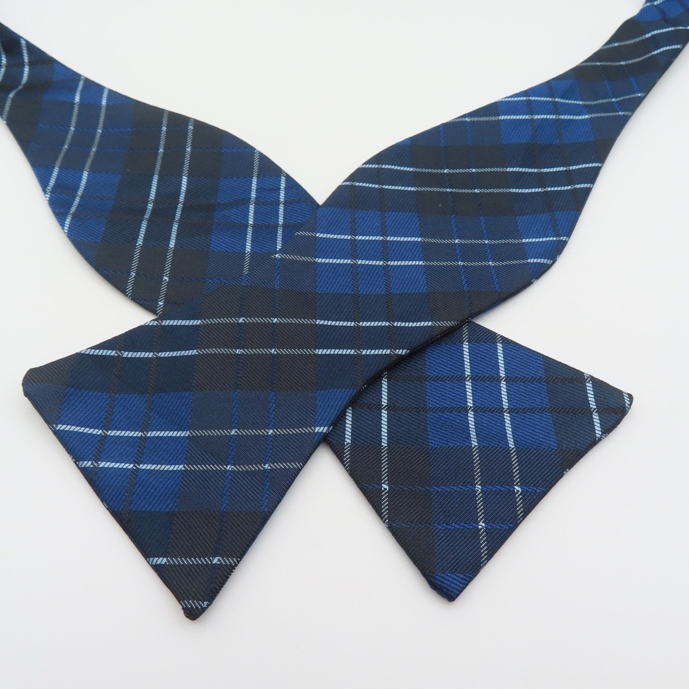 PenSee Bow Tie Blue Black White Plaid 2.5" Wide Silk Handmade